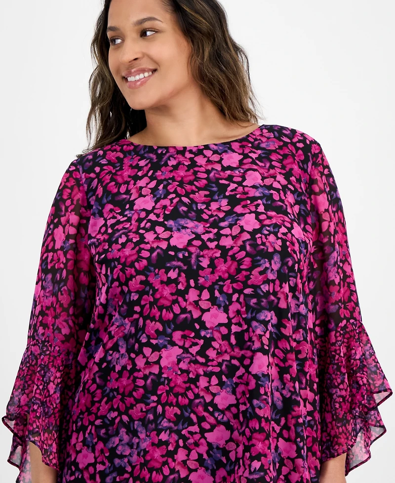 Kasper Plus Bell-Sleeve Ditsy-Print Top