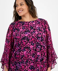 Kasper Plus Bell-Sleeve Ditsy-Print Top