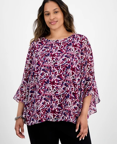 Kasper Plus Printed Ruffle-Cuff Bell-Sleeve Blouse
