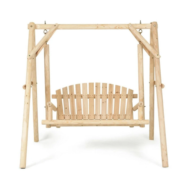 Outdoor Wooden Porch Bench Swing Chair with Rustic Curved Back