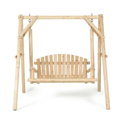 Outdoor Wooden Porch Bench Swing Chair with Rustic Curved Back