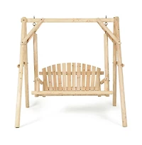 Outdoor Wooden Porch Bench Swing Chair with Rustic Curved Back