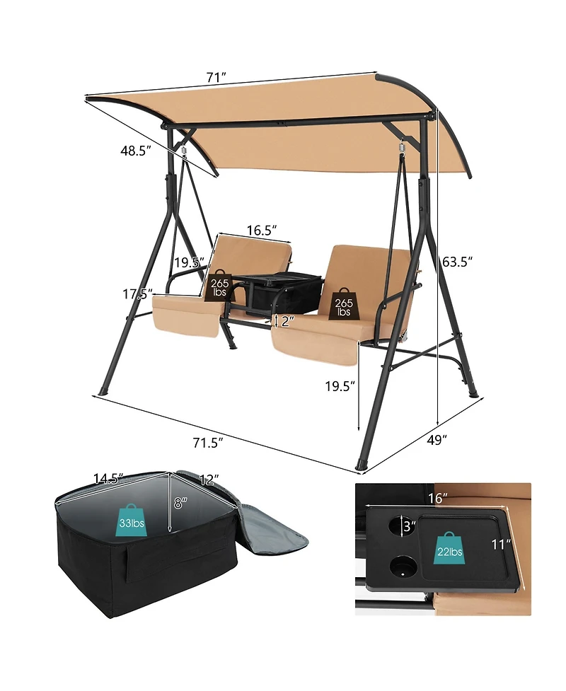 Gymax 2-Person Canopy Porch Swing Padded Chair Cooler Bag Rotatable Tray