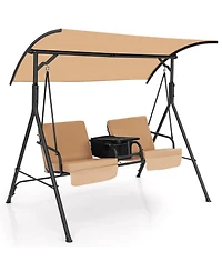 Gymax 2-Person Canopy Porch Swing Padded Chair Cooler Bag Rotatable Tray