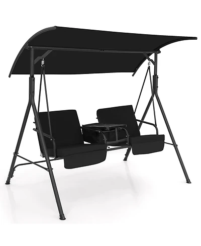 Gymax 2-Person Canopy Porch Swing Padded Chair Cooler Bag Rotatable Tray
