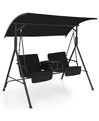 Gymax 2-Person Canopy Porch Swing Padded Chair Cooler Bag Rotatable Tray
