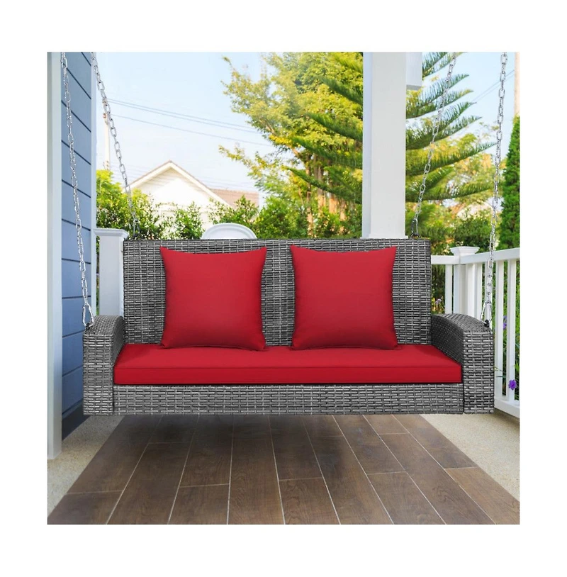 2-Person Patio Pe Wicker Hanging Porch Swing Bench Chair Cushion 800 Pounds