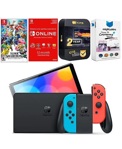 Nintendo Switch Neon Red & Blue Oled Console with Super Smash Bros: Ultimate, Nso 12 Month Family Membership, MightySkins Console and Controller Skin