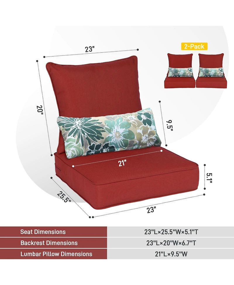 Aoodor 23'' x 26'' Outdoor Deep Seat Chair Cushion Set, Olefin Fabric, Slipcover with Sponge Foam, (Set of 2 Seats, 2 Backs, 2 Lumbar Pillows)
