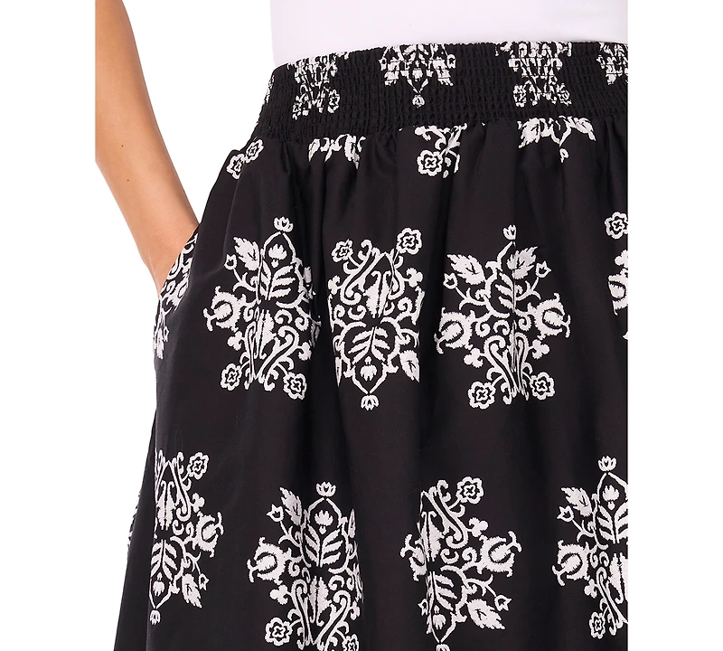 CeCe Women's Smocked-Waist Border-Print Midi Skirt