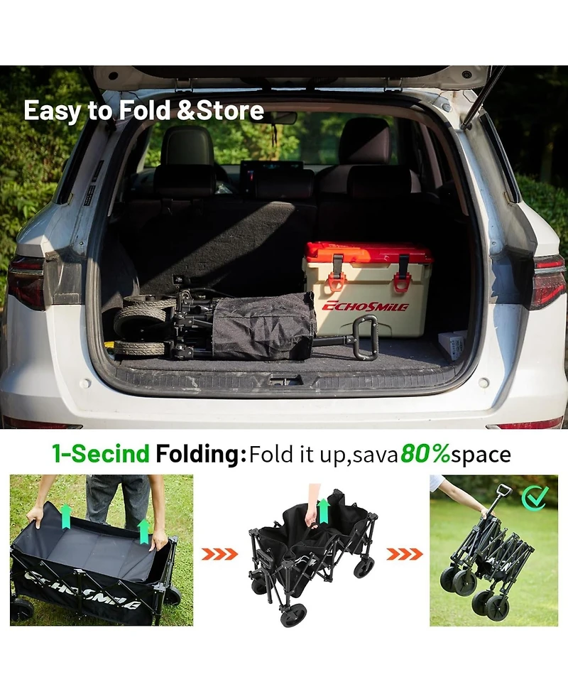 EchoSmile Collapsible Foldable Wagon with 300lbs Weight Cart Heavy Duty Folding Beach Wheels and Adjustable Handle for Camping Garden