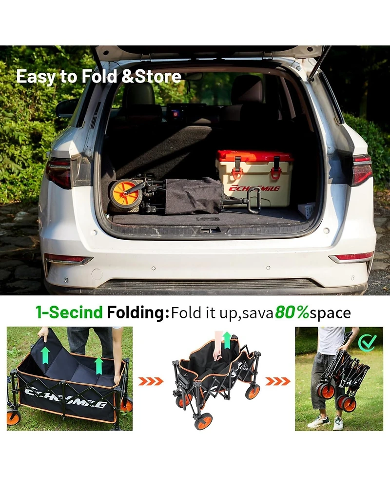 EchoSmile Collapsible Foldable Wagon with 300lbs Weight Cart Heavy Duty Folding Beach Wagon Cart with Wheels and Adjustable Handle for Camping Garden