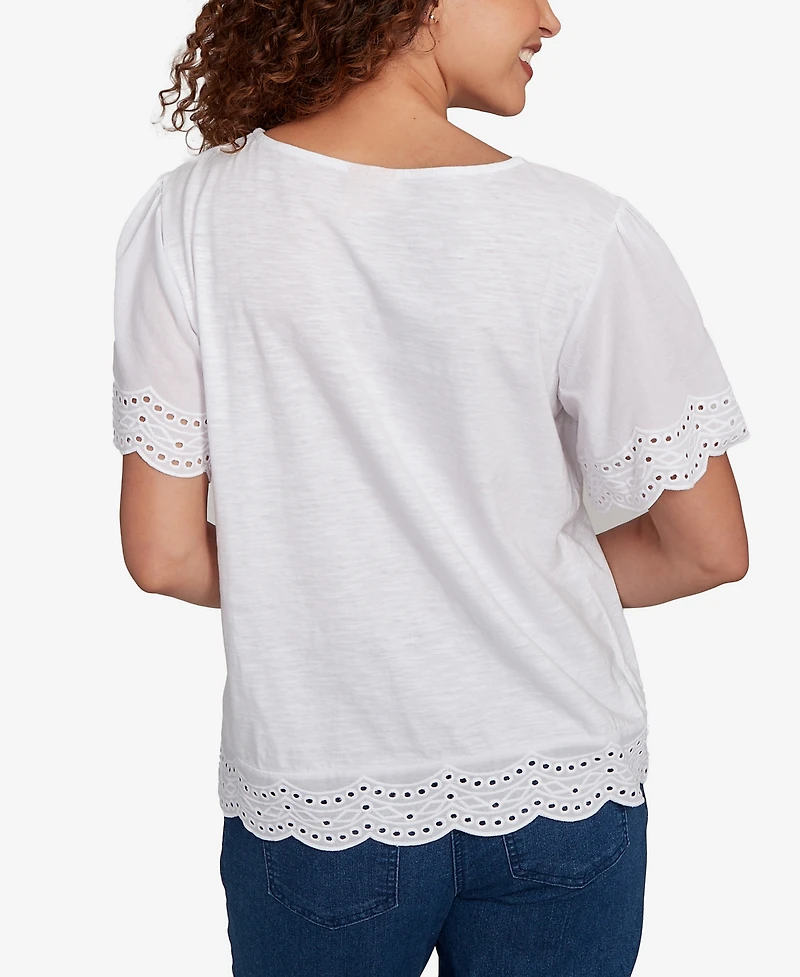 Ruby Rd. Petite Embroidered Sleeve Solid T-Shirt