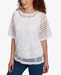 Ruby Rd. Petite Floral Blocked Crochet Sweater