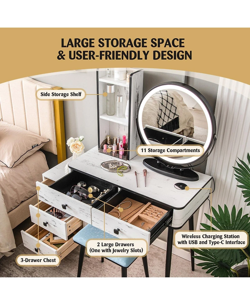Vanity Table Set with 3-Color Lighted Mirror and Cushioned Stool
