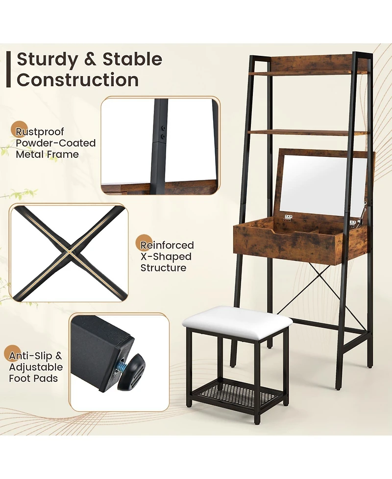 Ladder Vanity Desk Set with Flip Top Mirror and Cushioned Stool