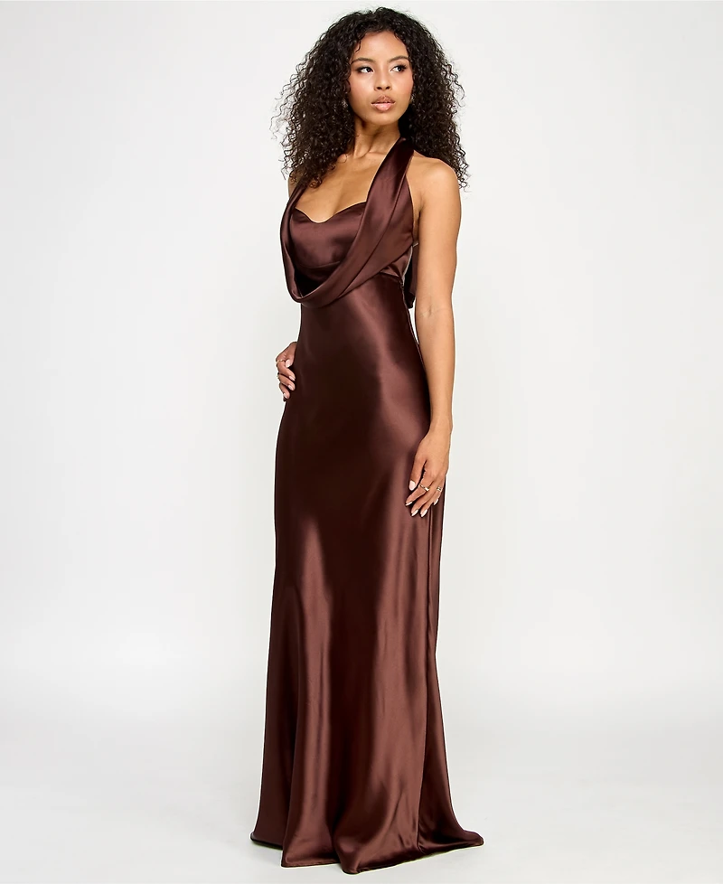 Katia Rae Juniors' Satin Cowl-Neck Halter Gown