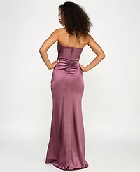 Emerald Sundae Juniors' Iris Sateen Corset-Bodice Slit Gown