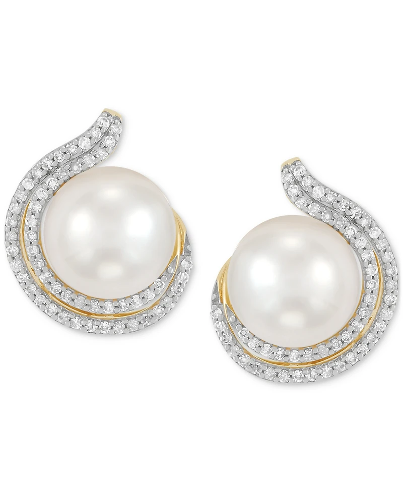Honora Cultured Freshwater Pearl (9 - 9-1/2mm) & Diamond (1/3 ct. t.w.) Stud Earrings in 14k Yellow Gold