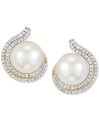 Honora Cultured Freshwater Pearl (9 - 9-1/2mm) & Diamond (1/3 ct. t.w.) Stud Earrings in 14k Yellow Gold