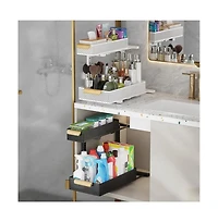 Under Sink Organizer, 2 Packs 2 Tier Under Sink Organizers and Storage, Slide Out Pull Out Cabinet Organizer Shelf, Metal Sliding Drawer for Kitchen B