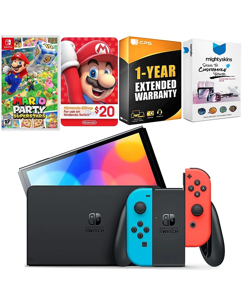 Nintendo Switch Neon Red & Blue Oled Console with Mario Party Superstars, Nintendo $20 eShop Gift Card