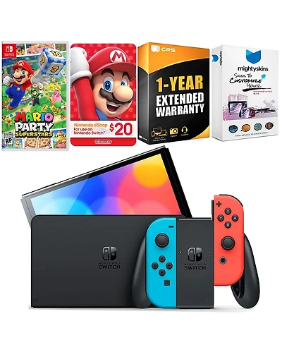 Nintendo Switch Neon Red & Blue Oled Console with Mario Party Superstars, Nintendo $20 eShop Gift Card