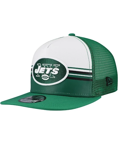 New Era Men's White/Green New York Jets Striped A-Frame 9FIFTY Adjustable Trucker Snapback Hat