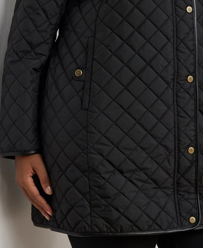 Lauren Ralph Plus Hooded Quilted Faux-Suede-Trim Coat