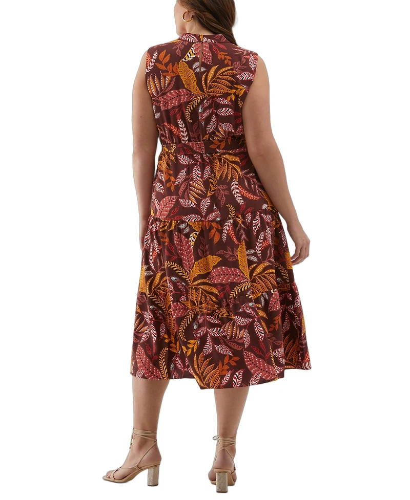 Ella Rafaella Plus Leaf Print Belted Sleeveless Dress