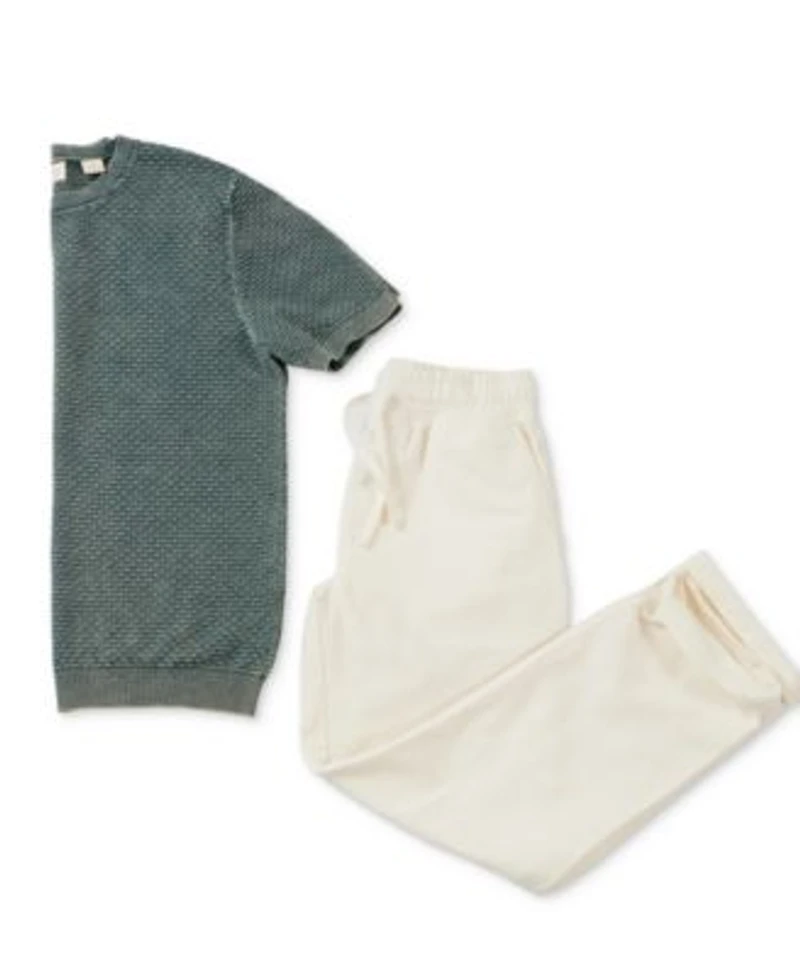 Weatherproof Vintage Mens Short Sleeve Woven Crewneck Sweater Drawstring Pants