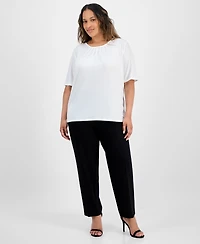 Kasper Plus Elbow-Sleeve Pleated-Neck Top