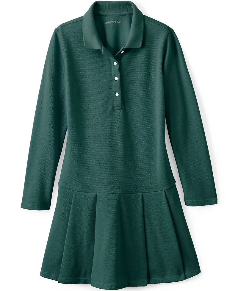 Lands' End School Uniform Girls Long Sleeve Mesh Pleated Polo Dress