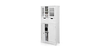 4 Door Freestanding Bathroom Floor Storage Cabinet with 2 Drawers and Glass Doors