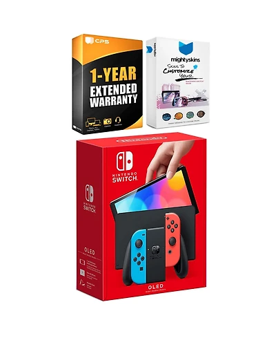 Nintendo Switch Neon Red & Blue Oled Console with MightySkins Console and Controller Skin Voucher and Year Cps Extended Warranty