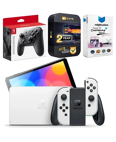 Nintendo Switch Neon Oled Console with Pro Controller, MightySkins Console and Controller Skin Voucher, and 2 Year Cps Extended Warranty