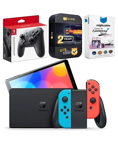Nintendo Switch Neon Oled Console with Pro Controller, MightySkins Console and Controller Skin Voucher, and 2 Year Cps Extended Warranty