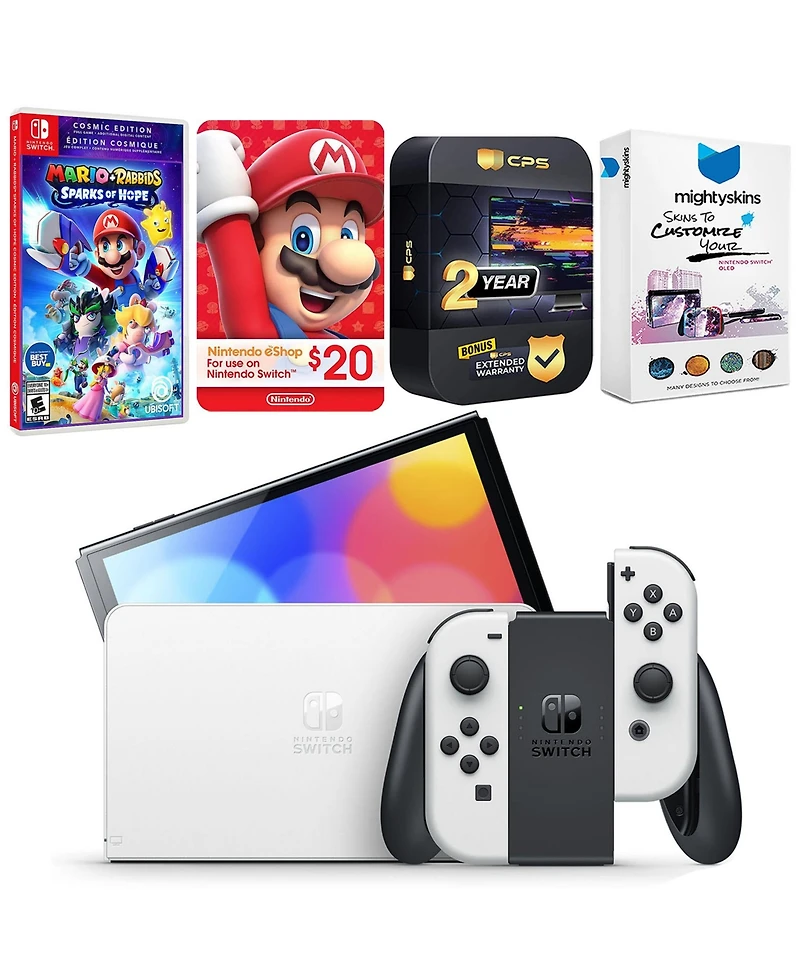 Nintendo Switch White Oled Console with Mario + Rabbids Sparks of Hope Cosmic Edition, Nintendo $20 eShop Gift Card, MightySkins Console and Controlle