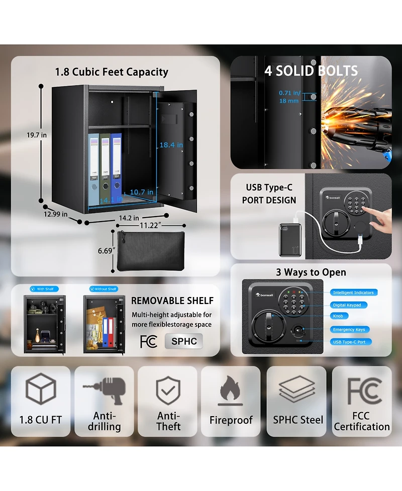 Bonsaii 1.8 Cubic Feet Security Home Safe with Digital Keypad & Fireproof Bag, Fire-Resistant Security Box for Jewelry, Cash, Guns | Fireproof Documen