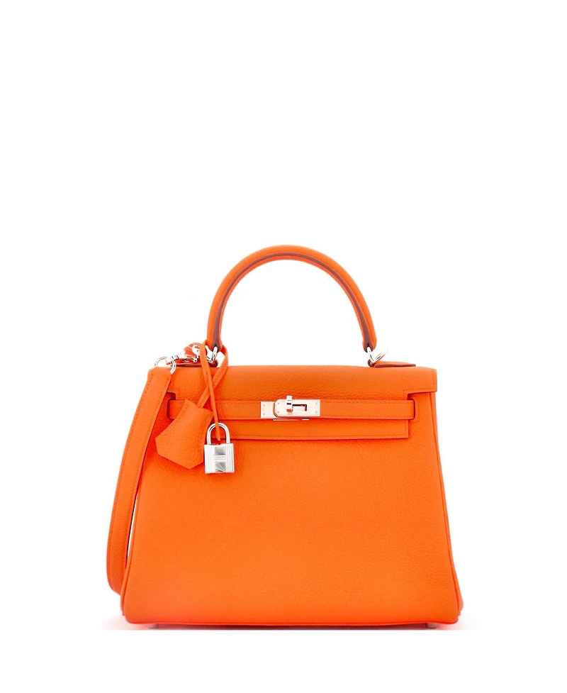 Pre-Owned Hermes Kelly 25 Handbag Orange Togo with Palladium Hardware