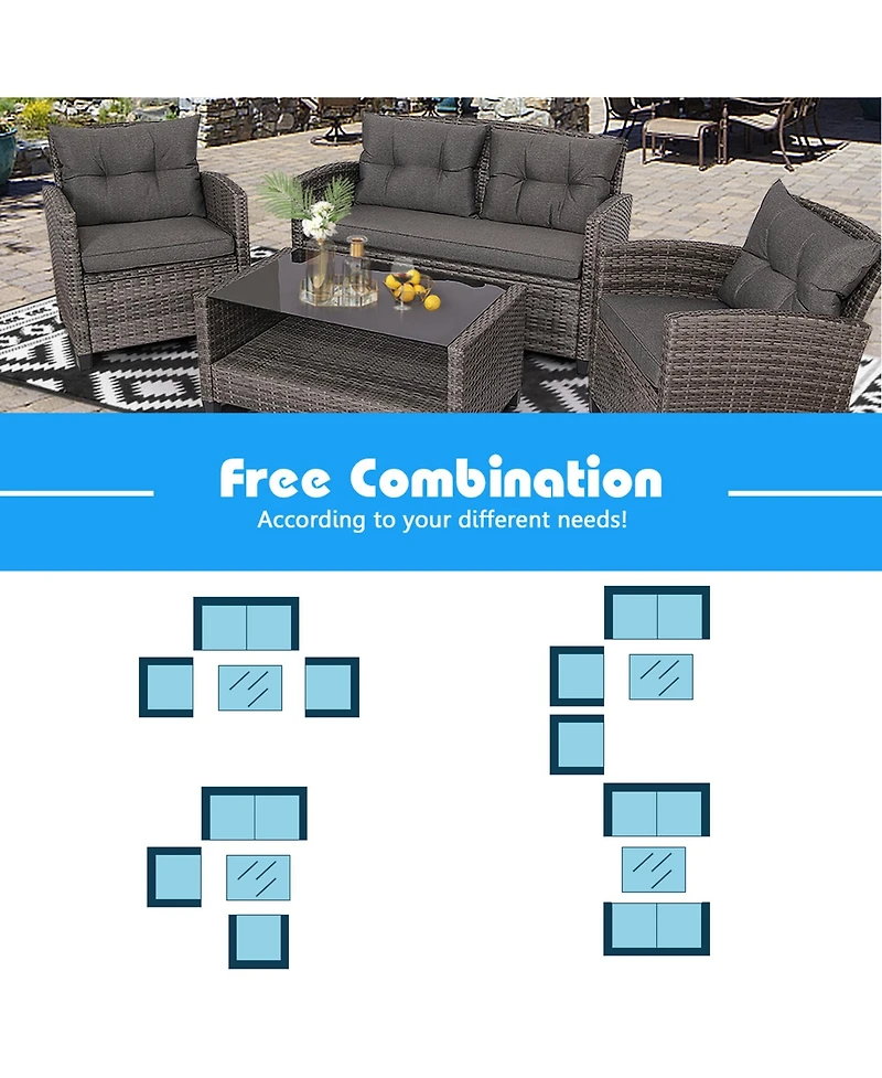Gymax 4PC Rattan Patio Conversation Set Cushioned Outdoor Furniture Set