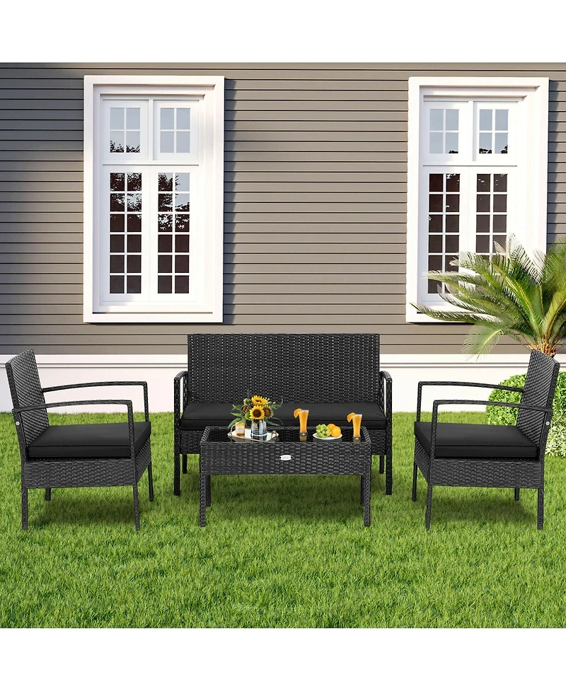 Gymax 4PCS Rattan Patio Conversation Set Outdoor Wicker Furniture Set w/ Cushions