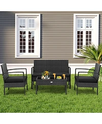 Gymax 4PCS Rattan Patio Conversation Set Outdoor Wicker Furniture Set w/ Cushions