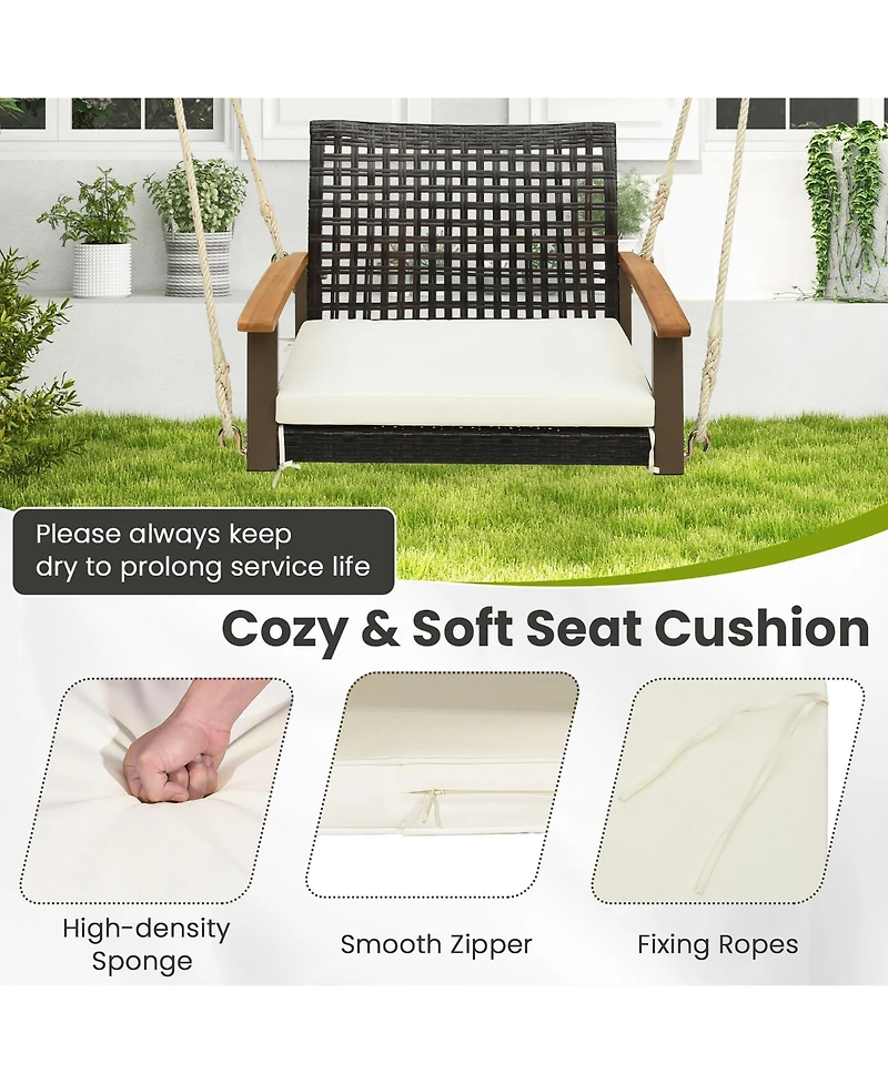 Gymax Rattan Porch Swing Patio Wicker Single Hanging Seat w/ Seat Cushion & Acacia Wood Armrests