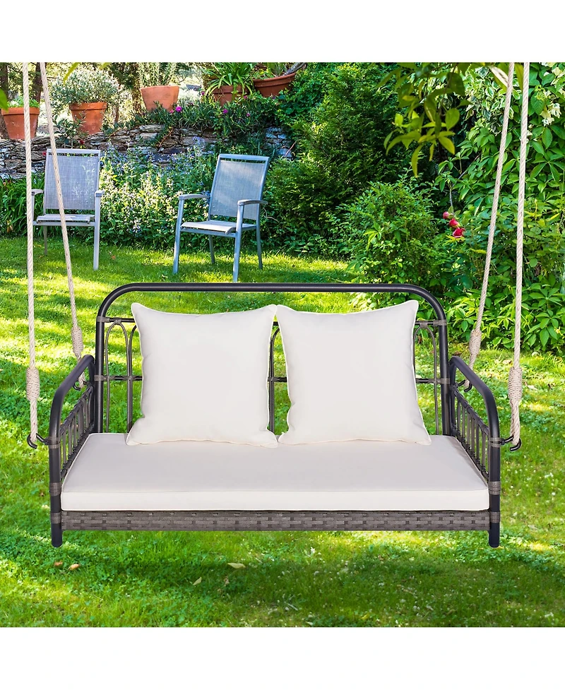 Gymax Outdoor Wicker Porch Swing 2-Person Hanging Seat w/ Seat & Back Cushions Backyard