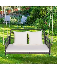 Gymax Outdoor Wicker Porch Swing 2-Person Hanging Seat w/ Seat & Back Cushions Backyard