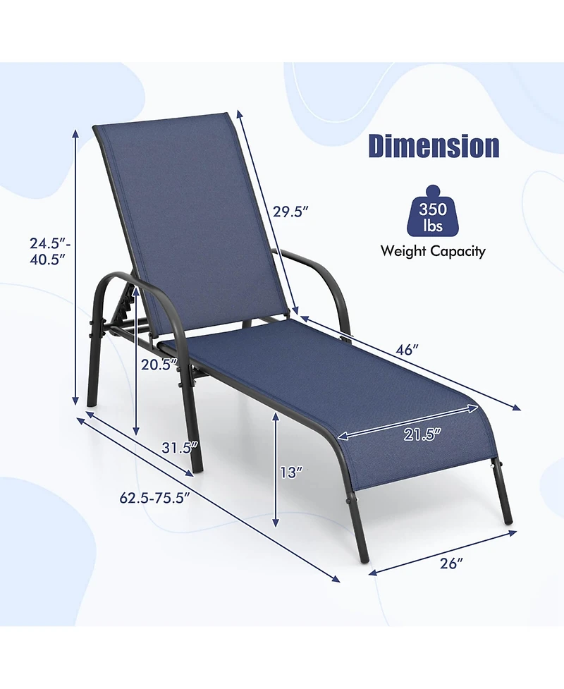 Gymax 2 Pcs Lounge Chair Chaise Adjustable Reclining Armrest Patio