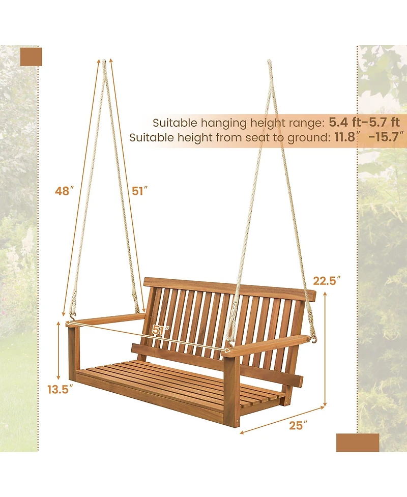 Gymax 2-Person Acacia Wood Outdoor Porch Swing Patio Hanging Bench Chair Natural
