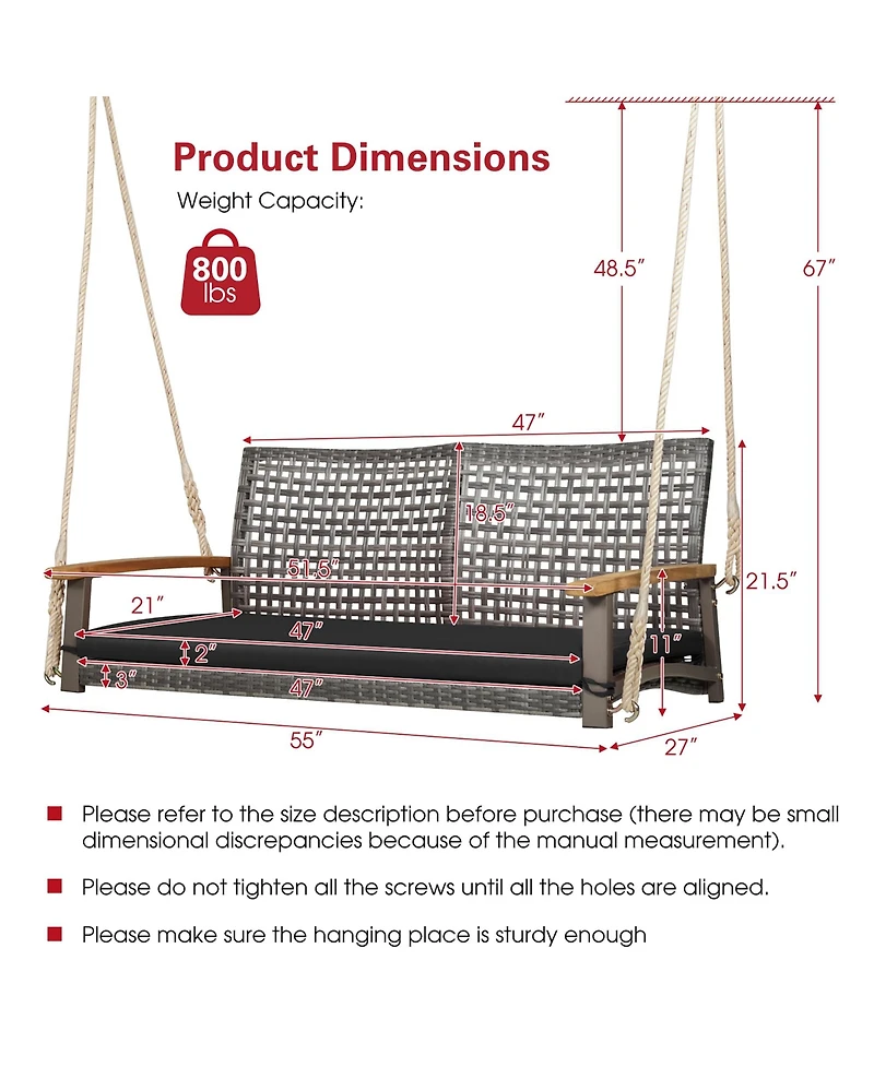 Gymax Rattan Patio Porch Swing 2-Person Cushioned Chair Bench w/ Hanging Ropes