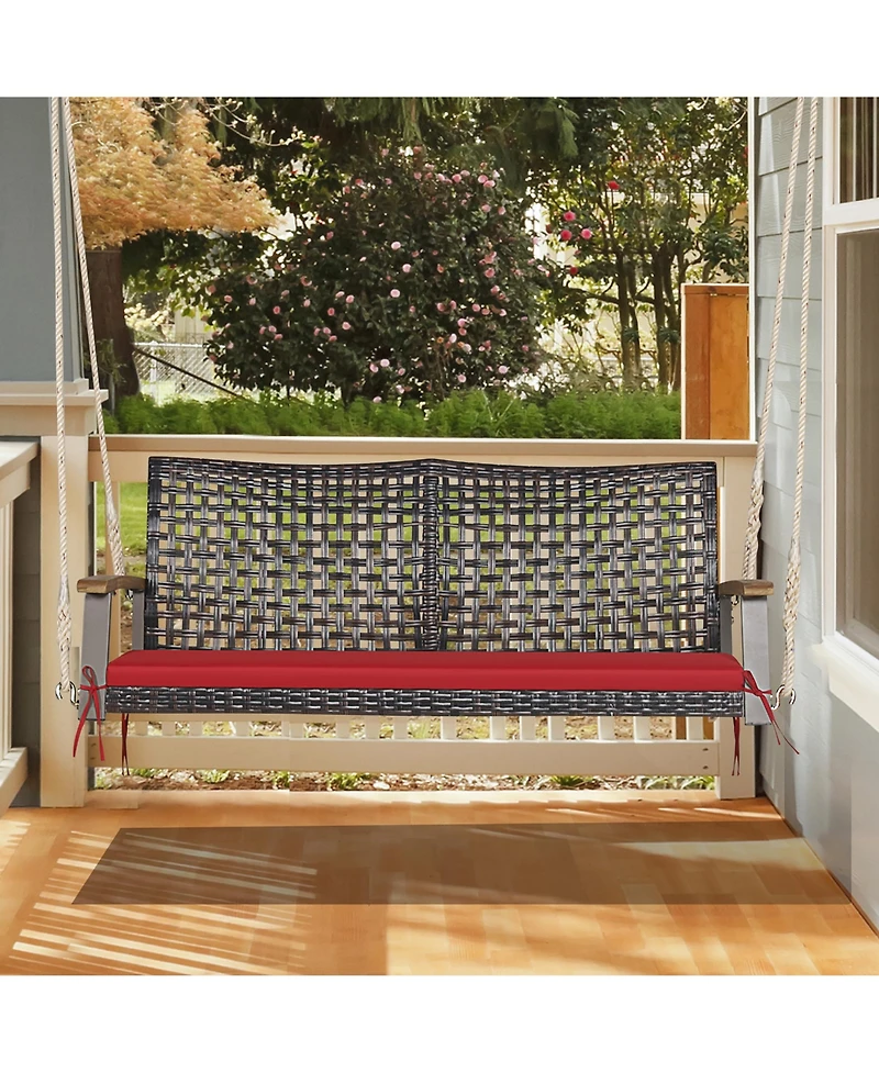 Gymax 2-Seat Rattan Porch Swing Chair Outdoor Wicker Bench W/ Seat Cushion Red